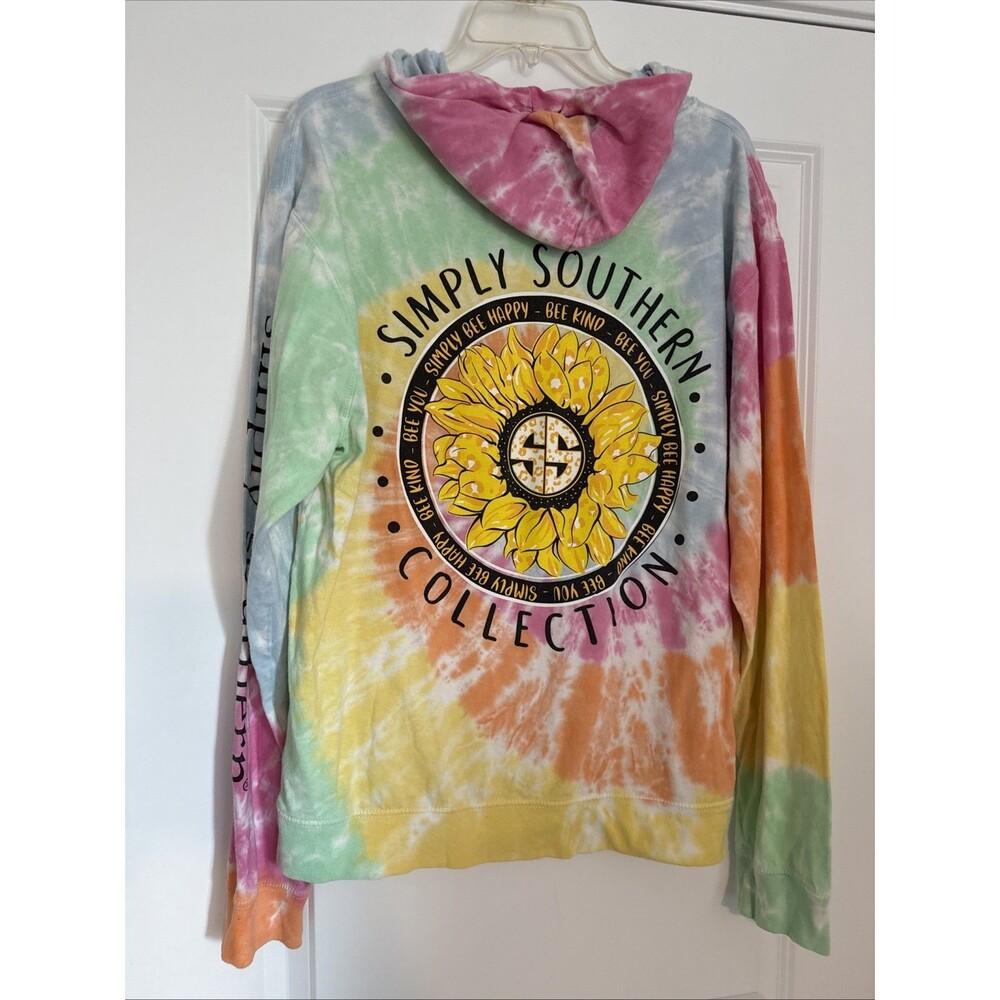 Simply Southern Tie Dye Hooded Long Sleeve Tshirt Sunflower Bee Happy XL